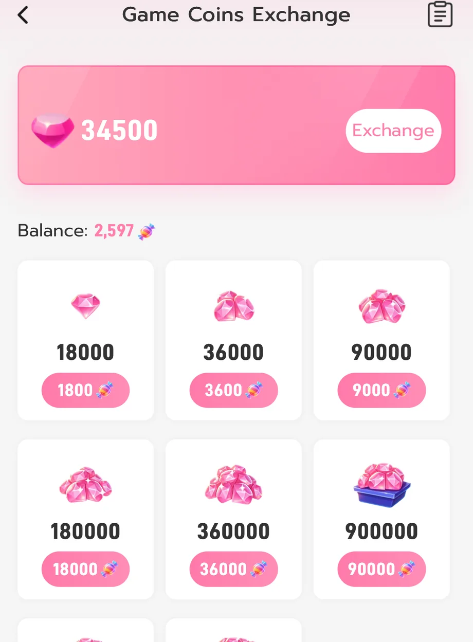 หน้าแลกเหรียญ Game Coins Exchange ในแอพ IDOL+ แลก Candy เป็น Ruby